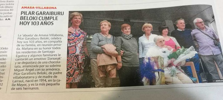Pilar Garaiburuk 103 urte bete ditu Villabonako adinduentzako Santiago Egoitzan