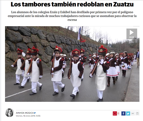 Eskibel eta Erain ikastetxeek Danborradaren alaitasuna ekarri dute berriro Zuatzuko zentrora Tamborrada Eskibel Diario Vasco